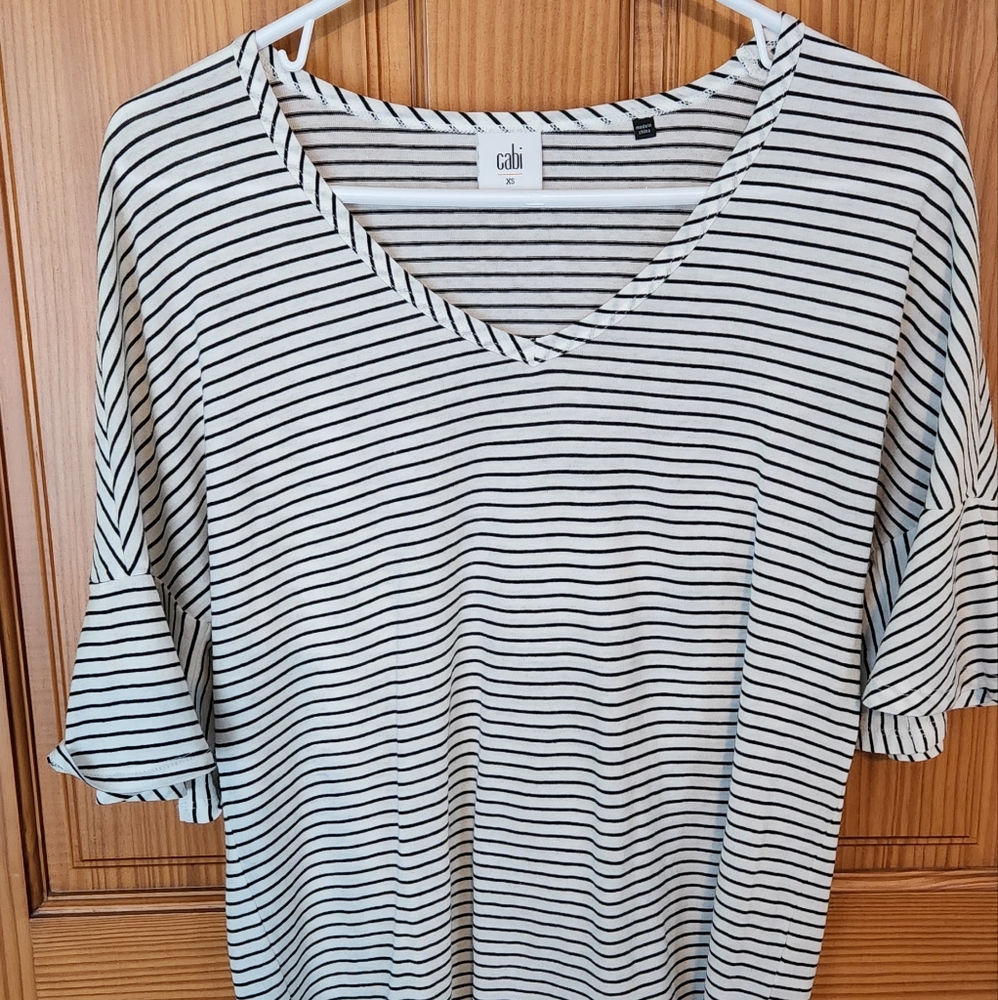 Cabi Black and White striped 3/4 Bell Sleeved Shirt.
